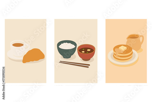 Breakfast flat icon set. featuring coffee, croissant, rice, miso soup, pancakes, maple syrup.