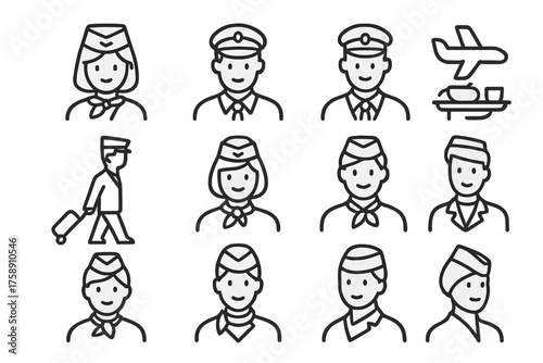Airline personnel linear icon set. featuring pilot, flight attendant, airplane, uniform