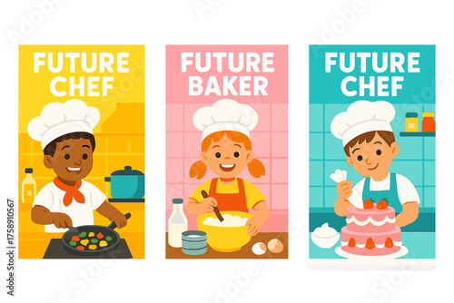 Culinary kids flat icon set. featuring chef, baker, cook, kitchen, cake, ingredients, and utensils