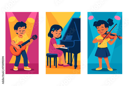Music instruments flat icon set. featuring guitar, piano, and violin