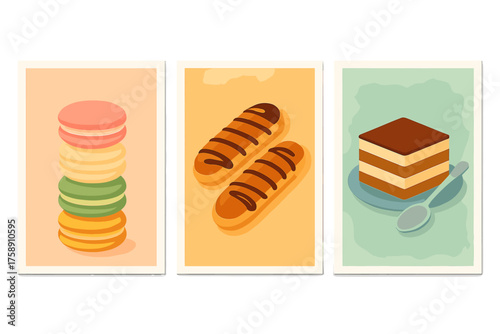 Desserts flat icon set. featuring macarons, eclairs, tiramisu with spoon.
