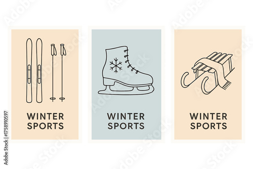 Winter sports linear icon set. featuring skis, ski poles, ice skate, and sled symbols