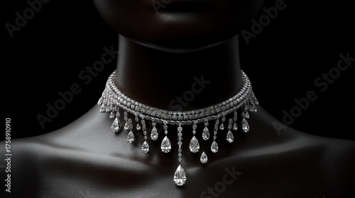 A stunning diamond necklace gracing a graceful neckline, exuding elegance and luxury. The necklace features a cascade of brilliant diamonds, each one reflecting light