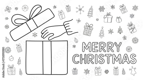 Hand placing a gift into an open box with merry christmas text and festive elements