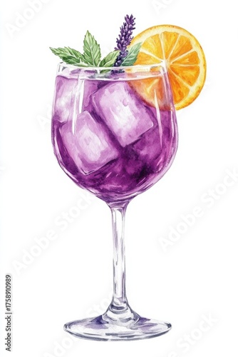 Lavender spritz watercolor drink illustration with purple cocktail ice glass citrus slice mint herb summer freshness beverage art concept