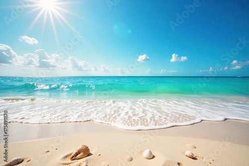 Pristine Beach Paradise Sun-Drenched Sand, Turquoise Waves, and Scattered Seashells under a Vibrant Sky