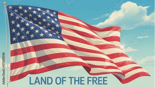 Celebrate freedom with this stylized American flag waving proudly against a bright blue sky, perfect for patriotic holidays and events!