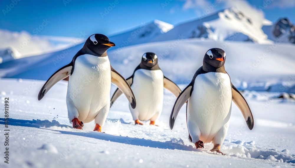 Fototapeta premium Gentoo Penguins Marching Across Snowy Antarctica Landscape.
