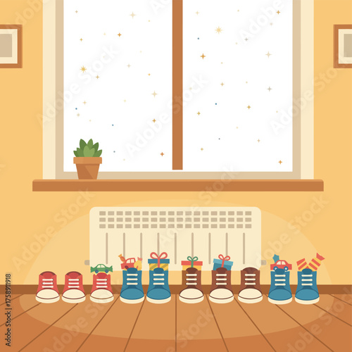 The European holiday tradition of Saint Nicholas Day, featuring children's shoes and boots filled with festive presents and candy, lined up by a radiator at night.