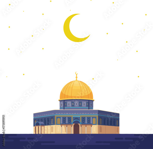 The Dome of the Rock mosque in Jerusalem on a holy night, illuminated by a crescent moon and stars, a sacred Islamic landmark and religious symbol for Ramadan.