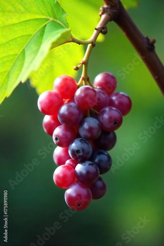 Sunlit Ripe Grape Hanging Precariously from Vine, Ready for Harvest ? Juicy Purple Fruit, Blurred Green Background