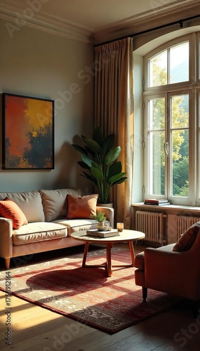 Cozy Living Room Interior Comfortable Furniture, Warm Lighting, and Natural Light Streaming Through Large Windows, Perfect for Relaxation and Entertainment