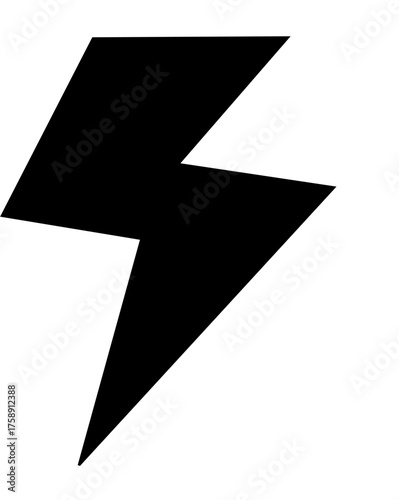 Black lightning bolt graphic, a symbol of energy, power, and electricity, isolated on white.