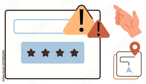 Password input with stars and warning signs, pointing hand, and location map pointer. Ideal for security, navigation, caution, access, user preview location guidance concepts. Simple flat metaphor