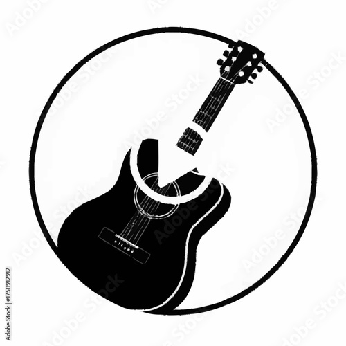 Guitar inside clock circle, black and white icon