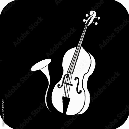 The image features a stylized, high-contrast black and white illustration of a musical instrument, combining a cello with a trumpet. The cello's body is prominently displayed with its characteristic c