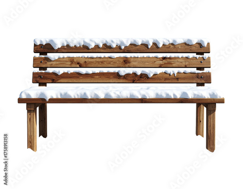 Rustic wooden park bench covered with a layer of fresh snow.