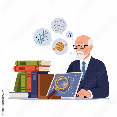 Brilliant scientist deep in thought, surrounded by books and symbols of discovery, pondering the universe's mysteries and scientific breakthroughs.