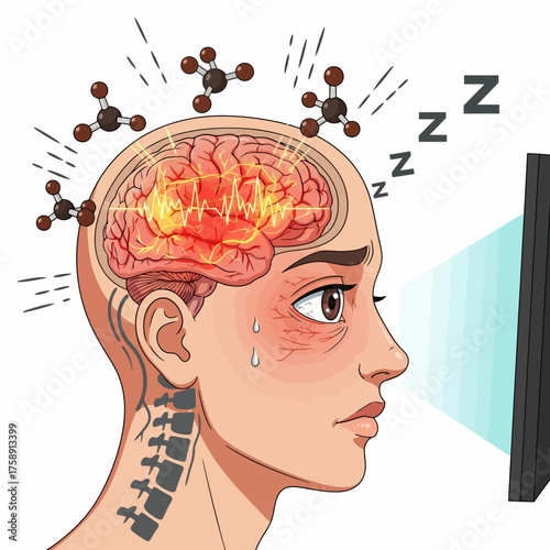 Stressed brain overloaded with molecules and fatigue signals, staring intensely at a bright screen, symbolizing mental exhaustion and burnout