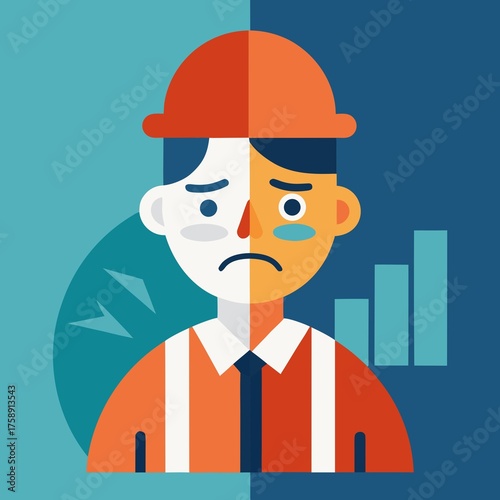 Sad construction worker with split face showing happiness and sadness with financial chart in background
