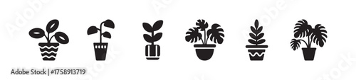 Pot icon set, garden plant in pot icon, indoor ornamental plant, various indoor houseplants botanical design projects, vector illustration eps 10.