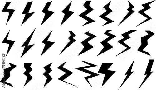 A collection of lightning bolt symbols in various shapes and sizes.