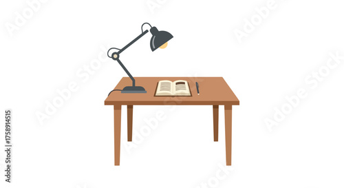 Wooden Desk with Open Book and Adjustable Black Lamp Study Setup.