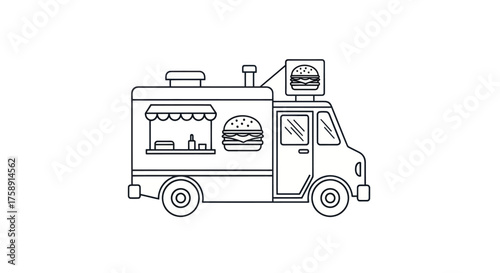 Stylized Line Art Illustration of a Classic Food Truck Serving Burgers.