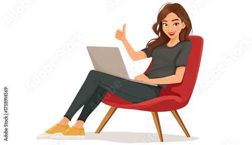  woman sitting on a chair with a laptop, giving a thumbs-up pose, transparent background png