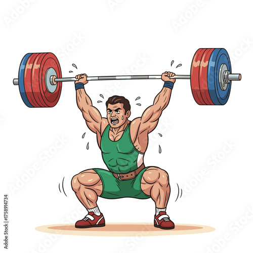 Powerful weightlifter straining intensely to lift heavy barbell overhead in athletic competition, showcasing peak physical strength and determination.