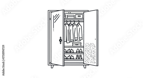 Open Wardrobe with Hanging Clothes Shoes and Mirror Line Art Illustration.