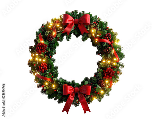 Illuminated Christmas holiday wreath with red bows and glowing lights.