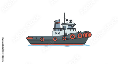 Cartoon Tugboat Illustration with Black Hull and Orange Fenders.