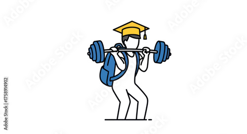 Student Lifting Barbell with Backpack and Graduation Cap.