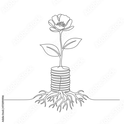 Continuous line drawing of flower growing from stack of coins investment and financial growth concept 100