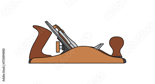 Detailed Side View of a Wooden Hand Plane Tool.