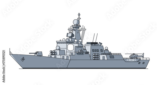 Modern Navy Destroyer Warship with Radar and Helicopter Platform.