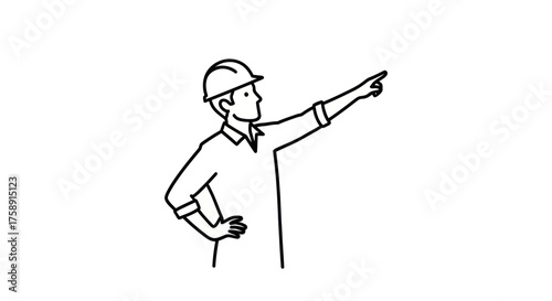 Line art illustration of a construction worker pointing forward with a hard hat.