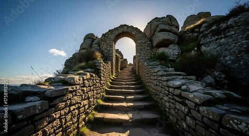An ancient stone archway leads up a well-preserved stairway through a formidable stone wall, bathed in the golden sunlight.