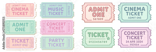 Colorful Event Ticket Set – Concert, Party, and Cinema Admission Collection