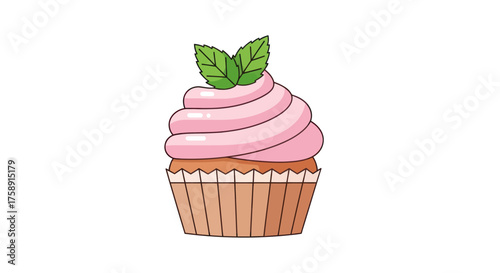 Cartoon Cupcake with Pink Frosting and Mint Leaves Topping.