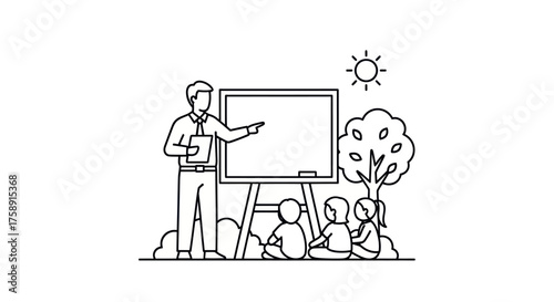 Teacher Instructing Students Outdoors with Blackboard and Sun.