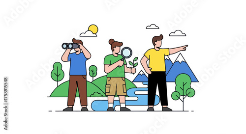 Three explorers observing nature with binoculars and magnifying glass.