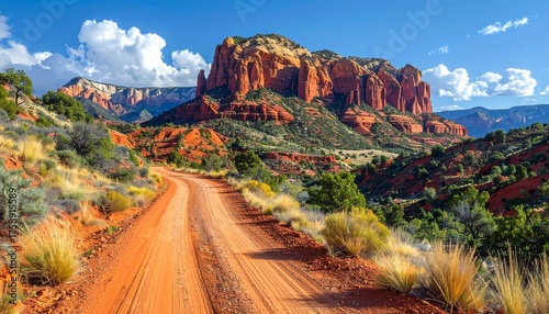 Scenic dirt road leading to majestic red rock formations under a clear blue sky with fluffy white clouds.
