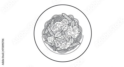 Hand-drawn illustration of a delicious pasta dish with basil garnish.