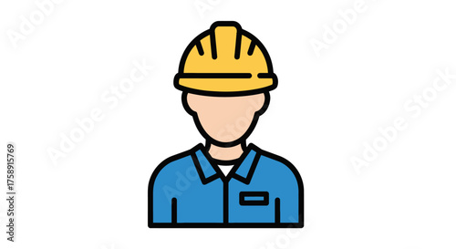 Simple vector icon of a construction worker or engineer wearing a yellow safety hard hat.