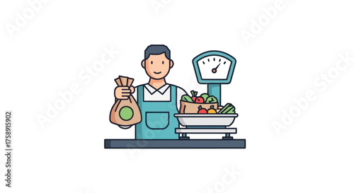 Smiling cartoon vendor weighing fresh produce with a scale and holding a bag.
