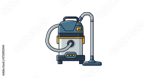 Modern blue and grey canister vacuum cleaner with hose and floor nozzle.