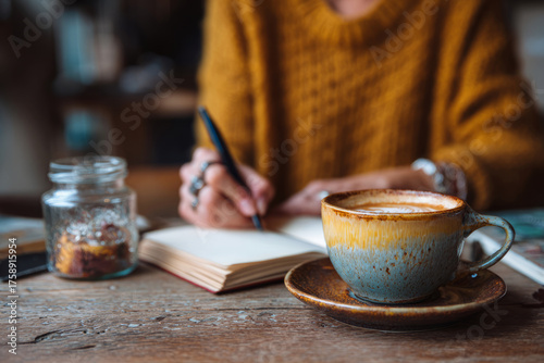 Person writing in a notebook with a cup of coffee