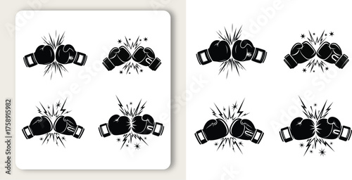 Boxing gloves clashing in a fierce battle of strength and power an intense fight with bold black and white vector illustration 